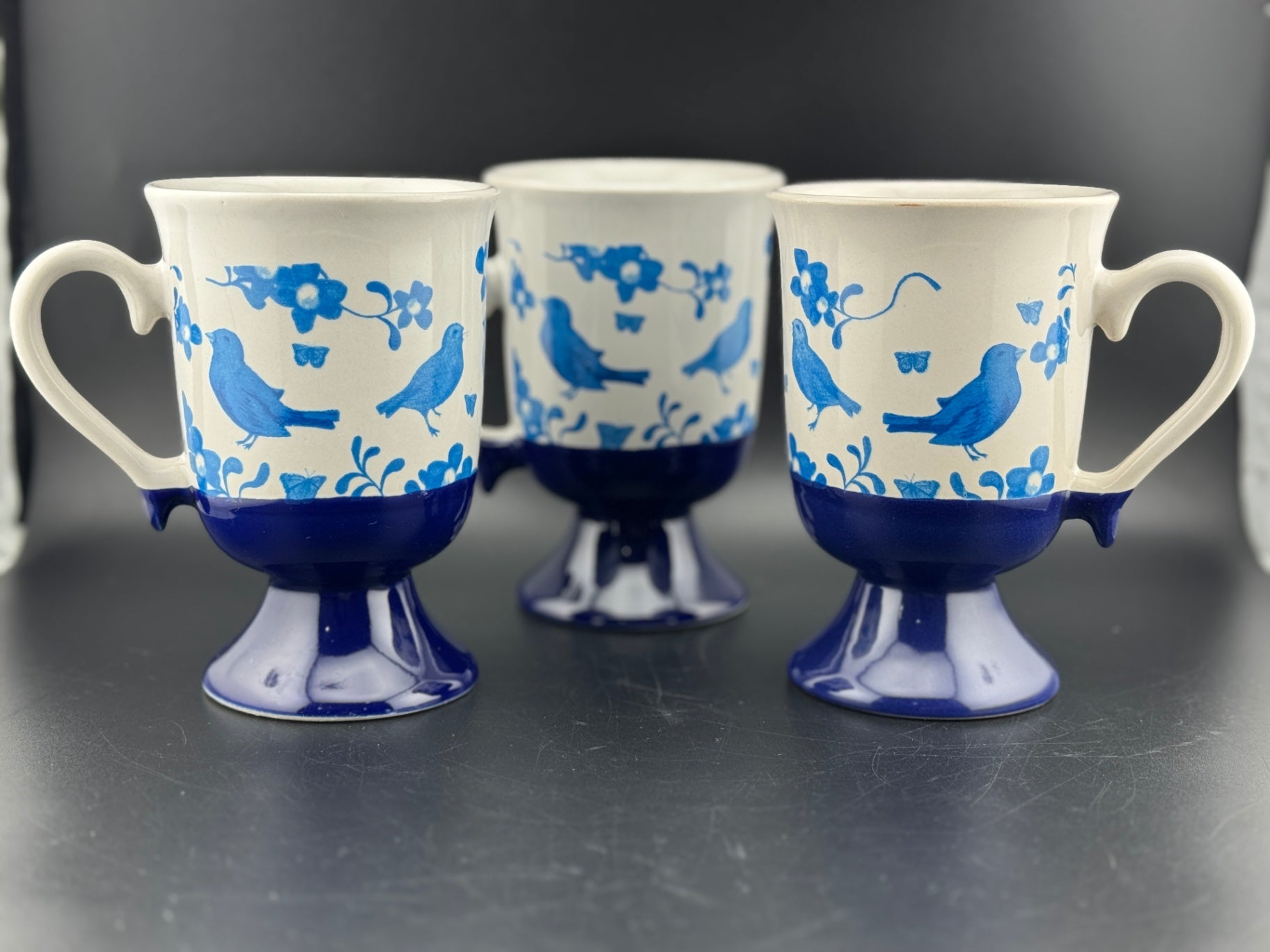 Set of 3 Pedestal Blue Bird Mugs