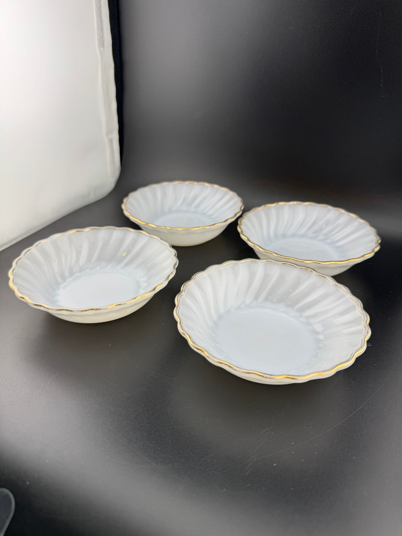 Vintage Anchor Hocking Gold Rimmed Milk Glass Berry Bowls - Set of 4