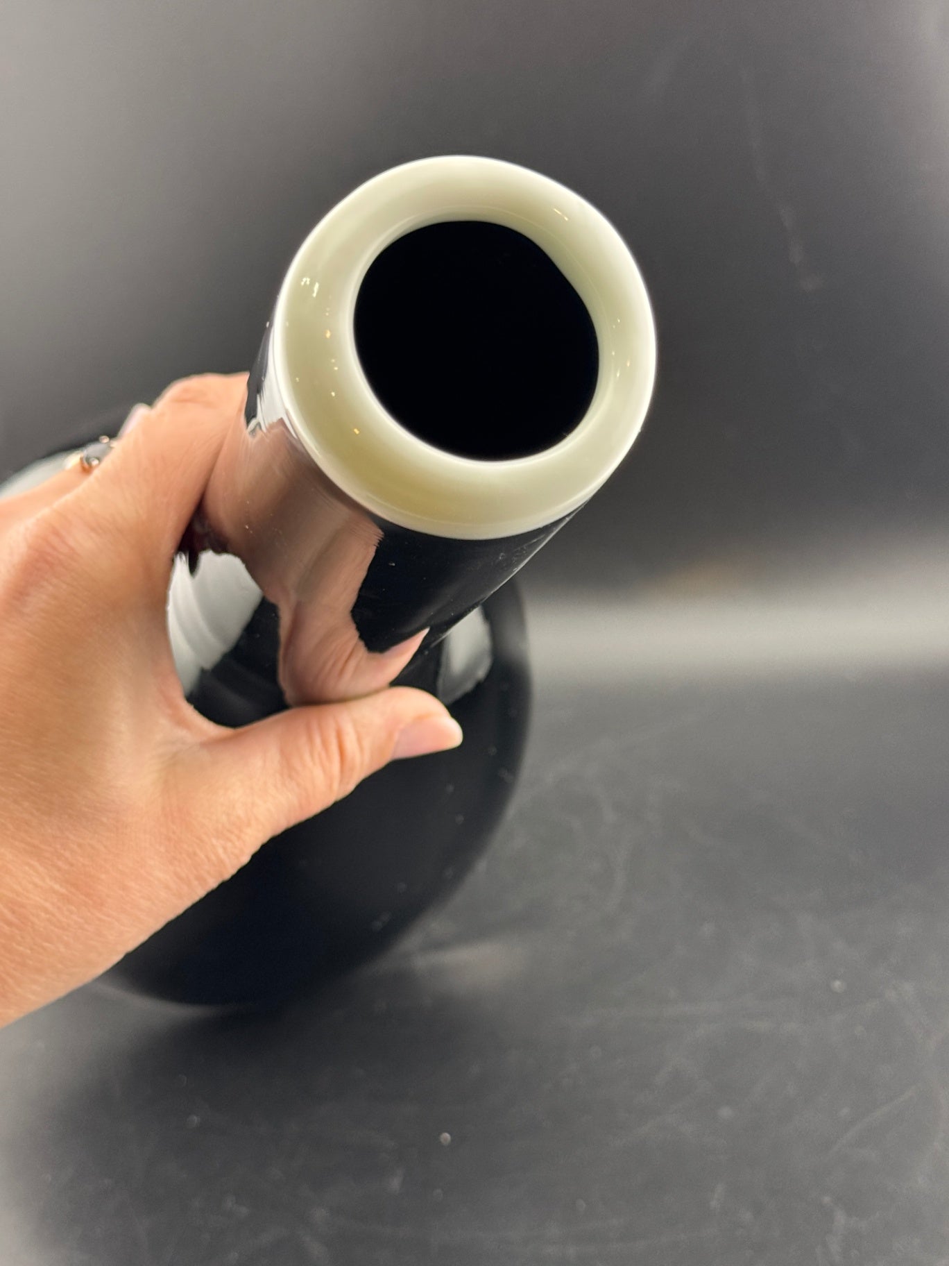 Handblown Glass Vase, Black with White Rim