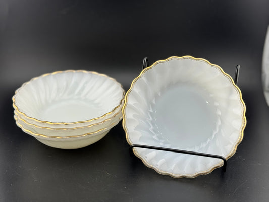 Vintage Anchor Hocking Gold Rimmed Milk Glass Berry Bowls - Set of 4