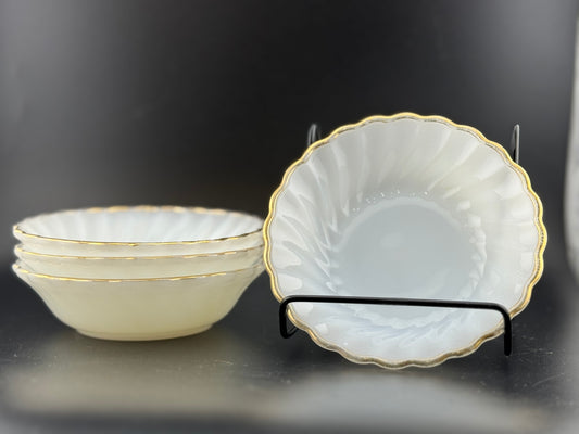 Vintage Anchor Hocking Gold Rimmed Milk Glass Berry Bowls - Set of 4
