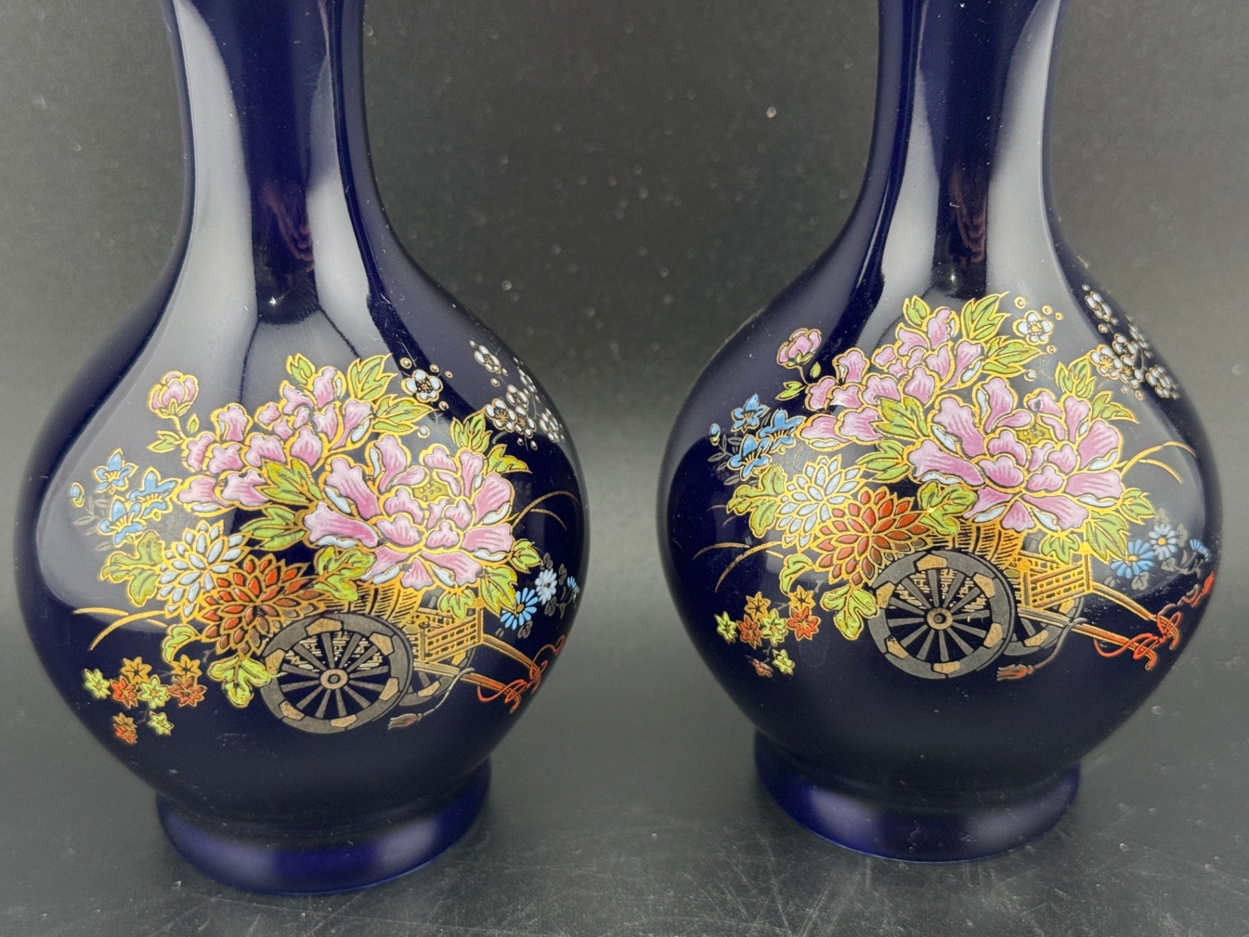 Vintage Kutani Cobalt Blue Porcelain Vase, Pair