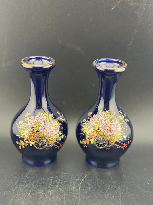 Vintage Kutani Cobalt Blue Porcelain Vase, Pair