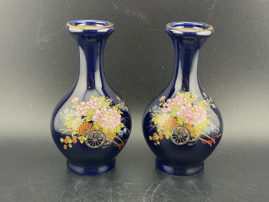 Vintage Kutani Cobalt Blue Porcelain Vase, Pair