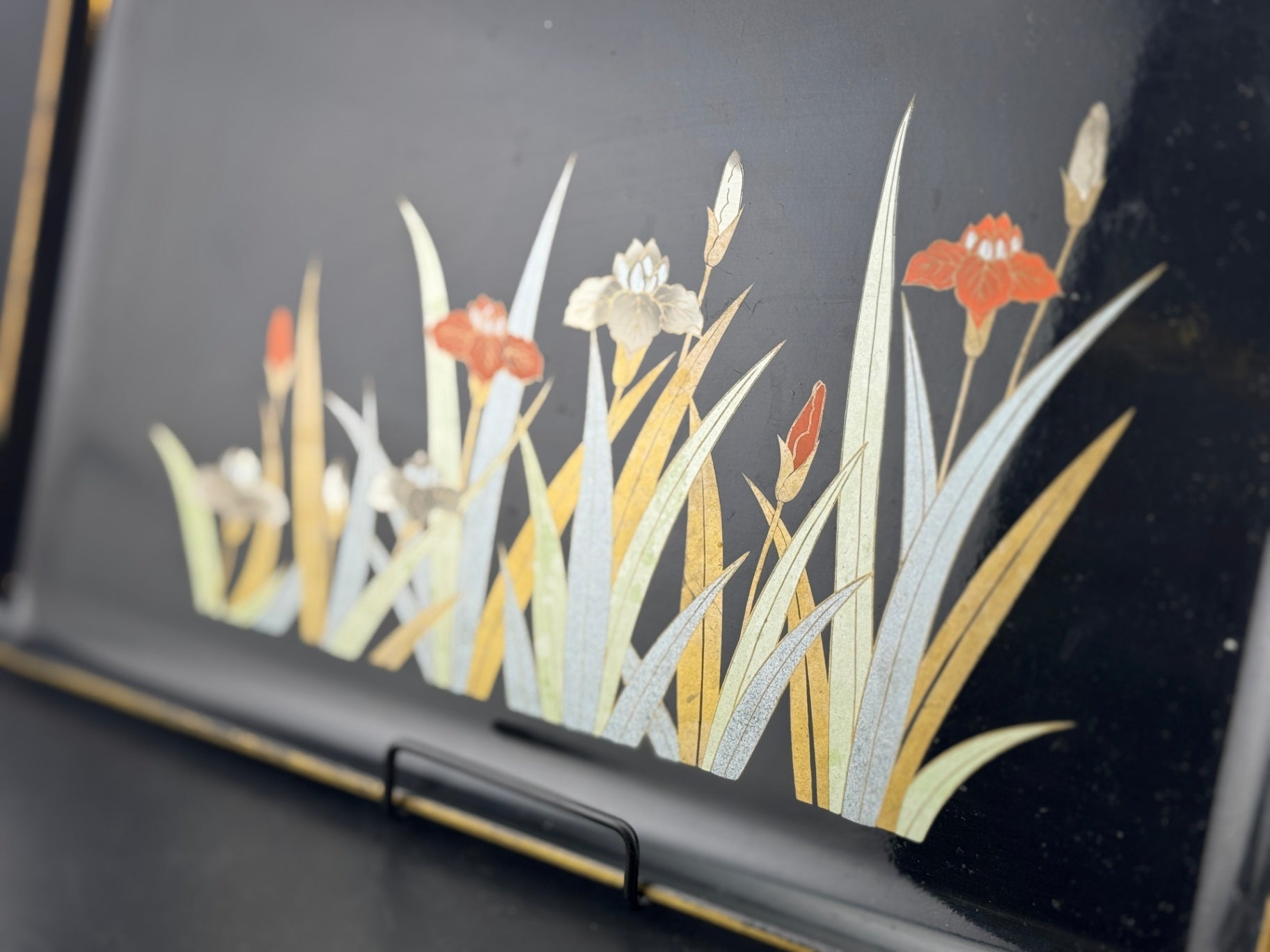 Vintage Otagiri Iris Black Laquer Tray