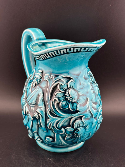Vintage Japanese Majolica Teal Blue Pitcher