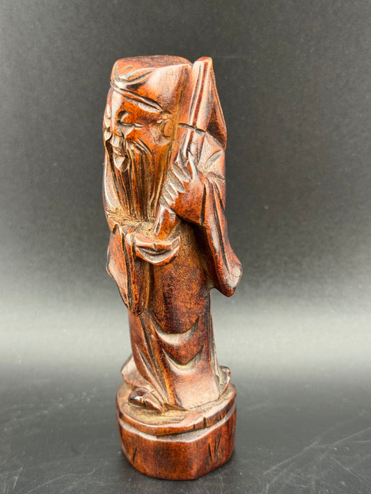 Vintage Carved Wood Figurine of Shou Xing, God of Longevity