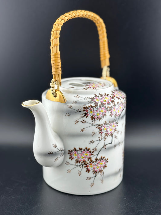 Japanese Cherry Blossom Teapot with Rattan Handle