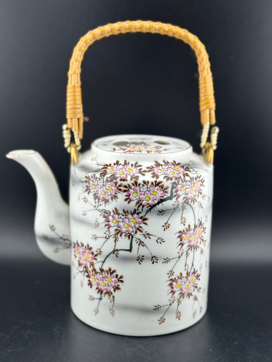 Japanese Cherry Blossom Teapot with Rattan Handle