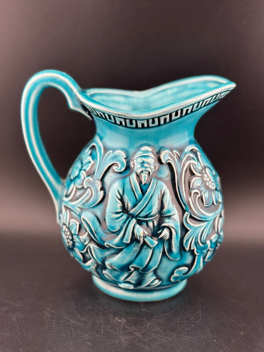 Vintage Japanese Majolica Teal Blue Pitcher