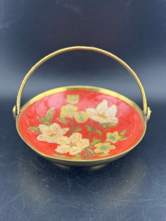 Vintage Brass Enamel Cloisonne Dish with Embossed Handle