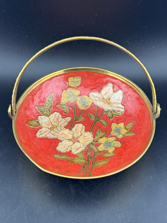 Vintage Brass Enamel Cloisonne Dish with Embossed Handle