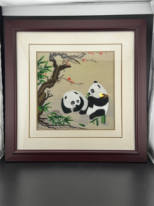 Panda Bear Silk Embroidery Framed Art