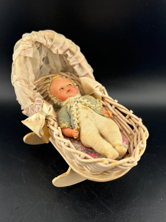 Antique Miniature Baby Doll in Cradle