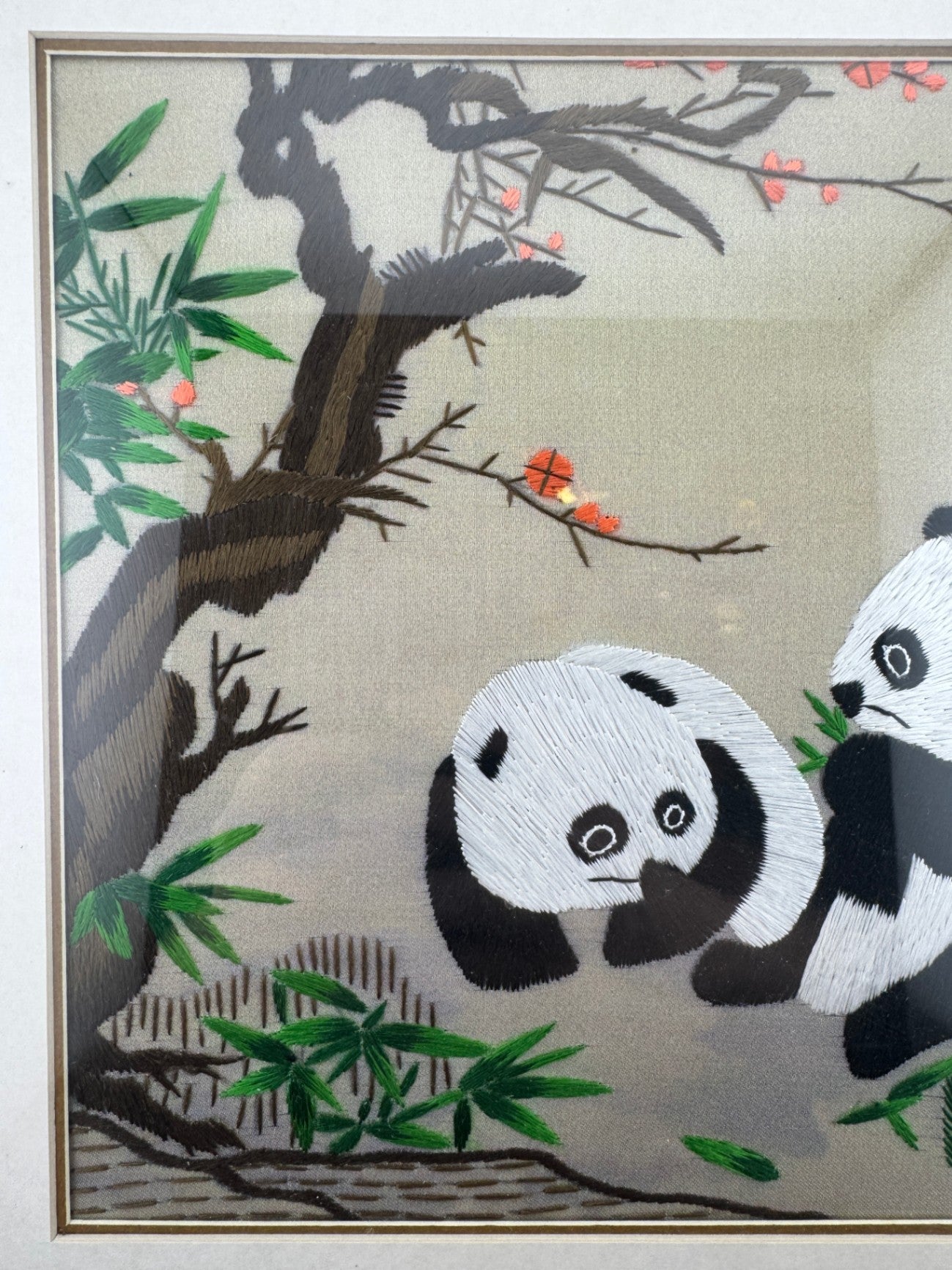Panda Bear Silk Embroidery Framed Art