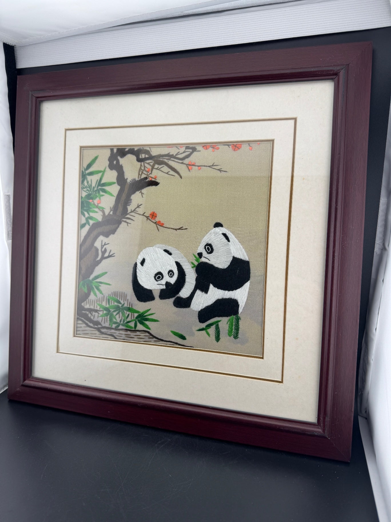 Panda Bear Silk Embroidery Framed Art