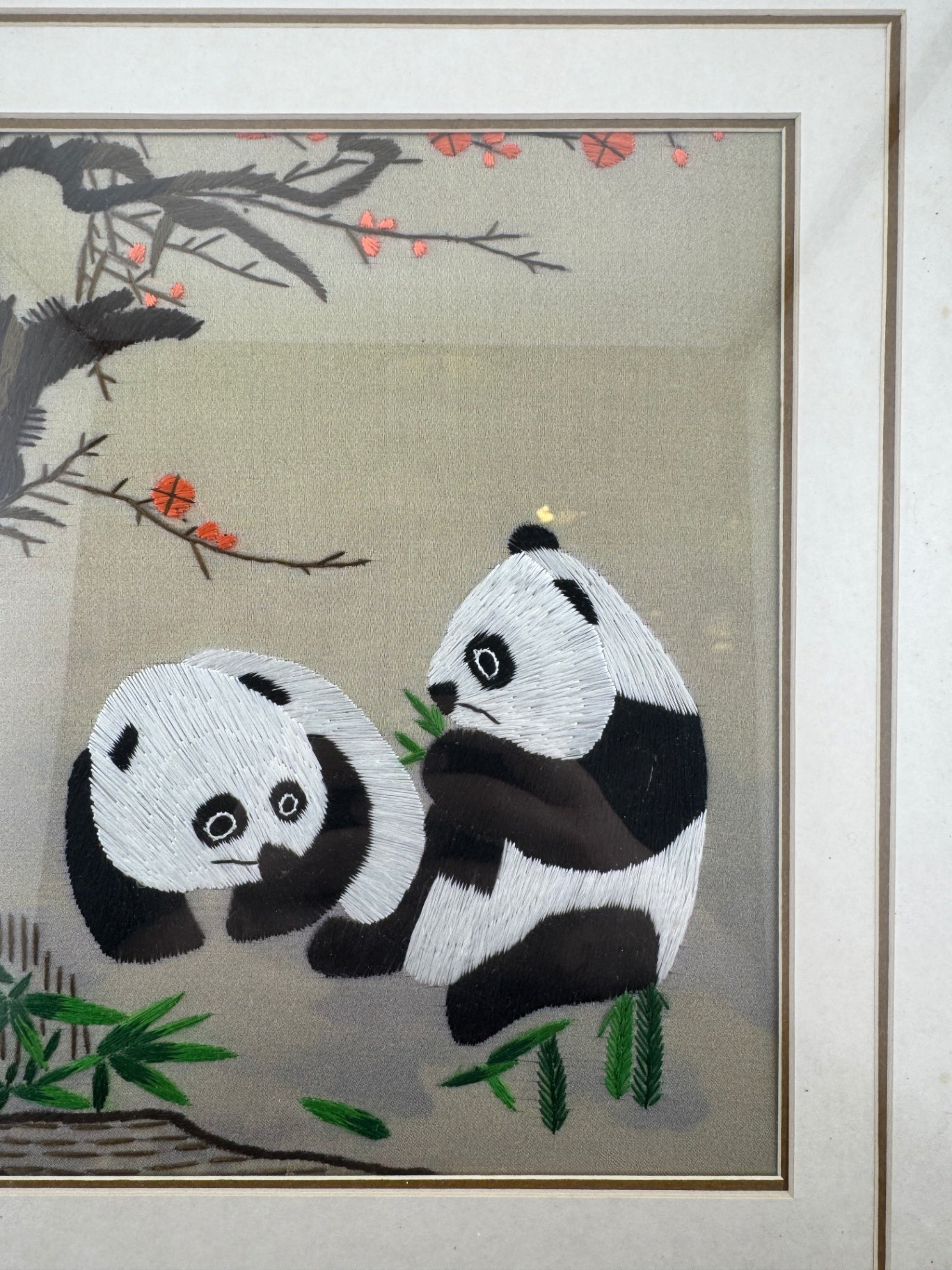 Panda Bear Silk Embroidery Framed Art