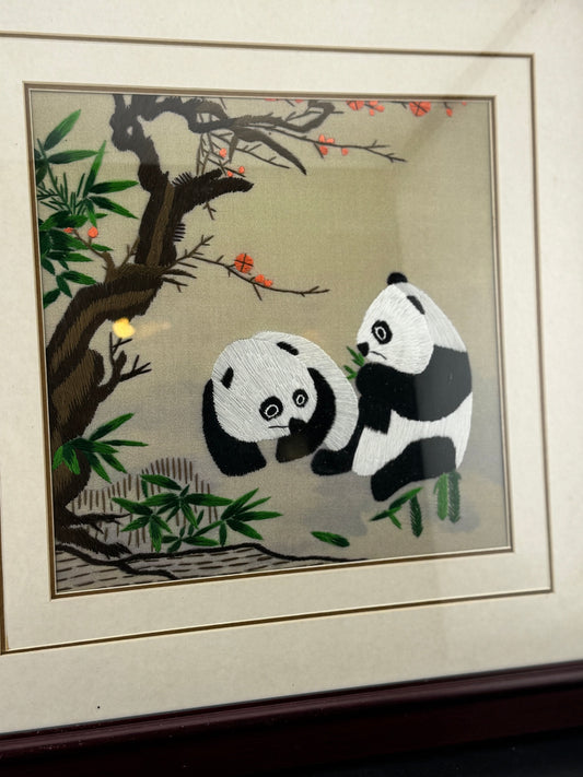 Panda Bear Silk Embroidery Framed Art