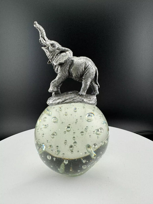 Pewter Elephant on Seeded Glass Ball - Paperweight