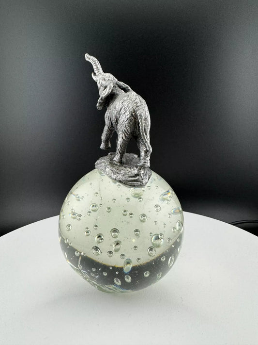 Pewter Elephant on Seeded Glass Ball - Paperweight