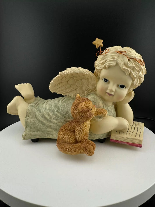 Resin Angel Reading to Cat Music Box