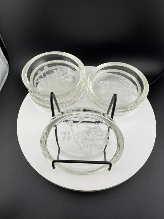 Vintage Etched Rose Glass Coasters - Set of 6