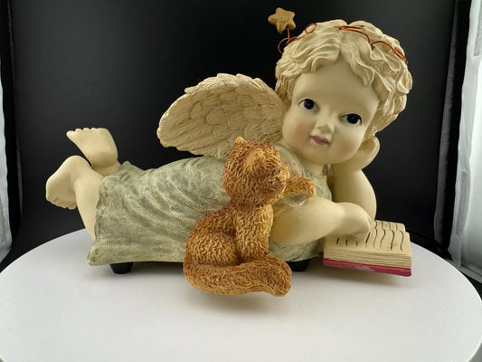Resin Angel Reading to Cat Music Box