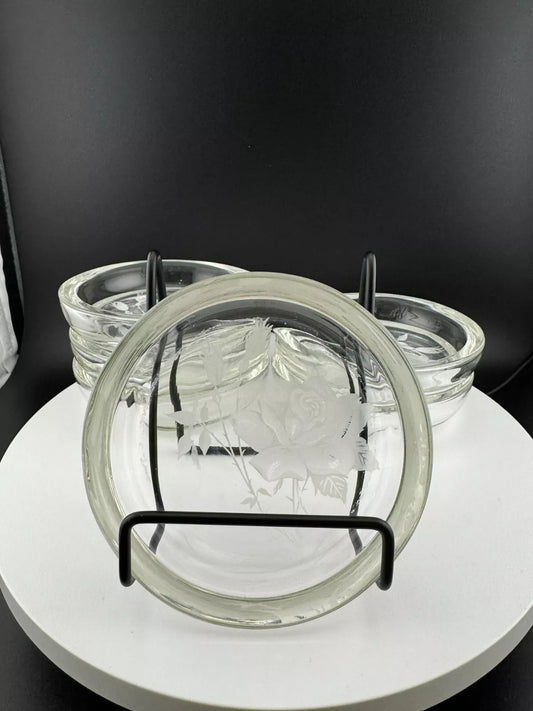Vintage Etched Rose Glass Coasters - Set of 6